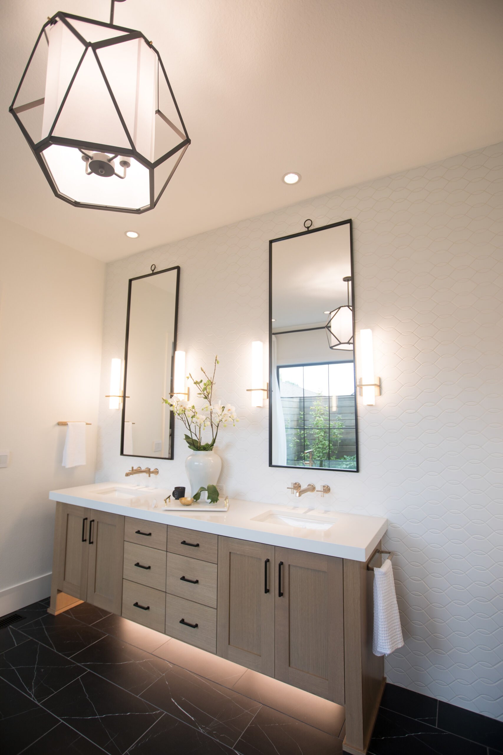 quartz bathroom vanity with under cabinet lighting