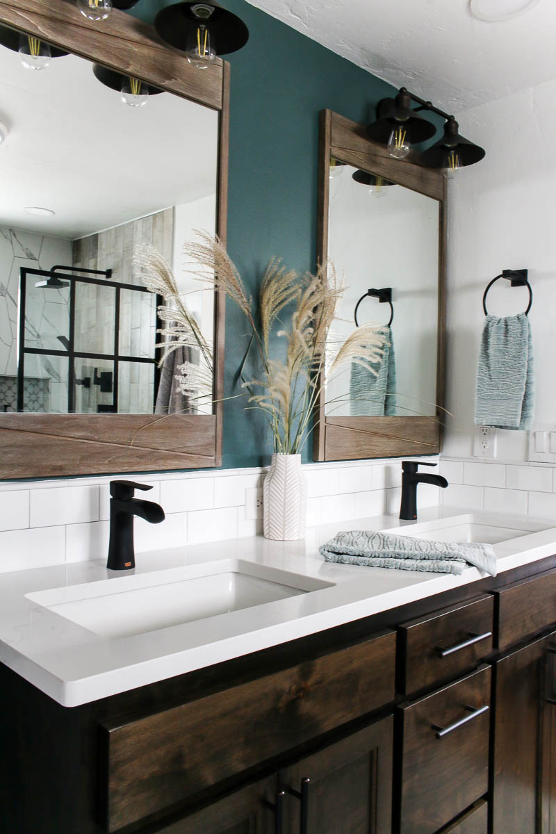 Bathroom vanity with white quartz countertops