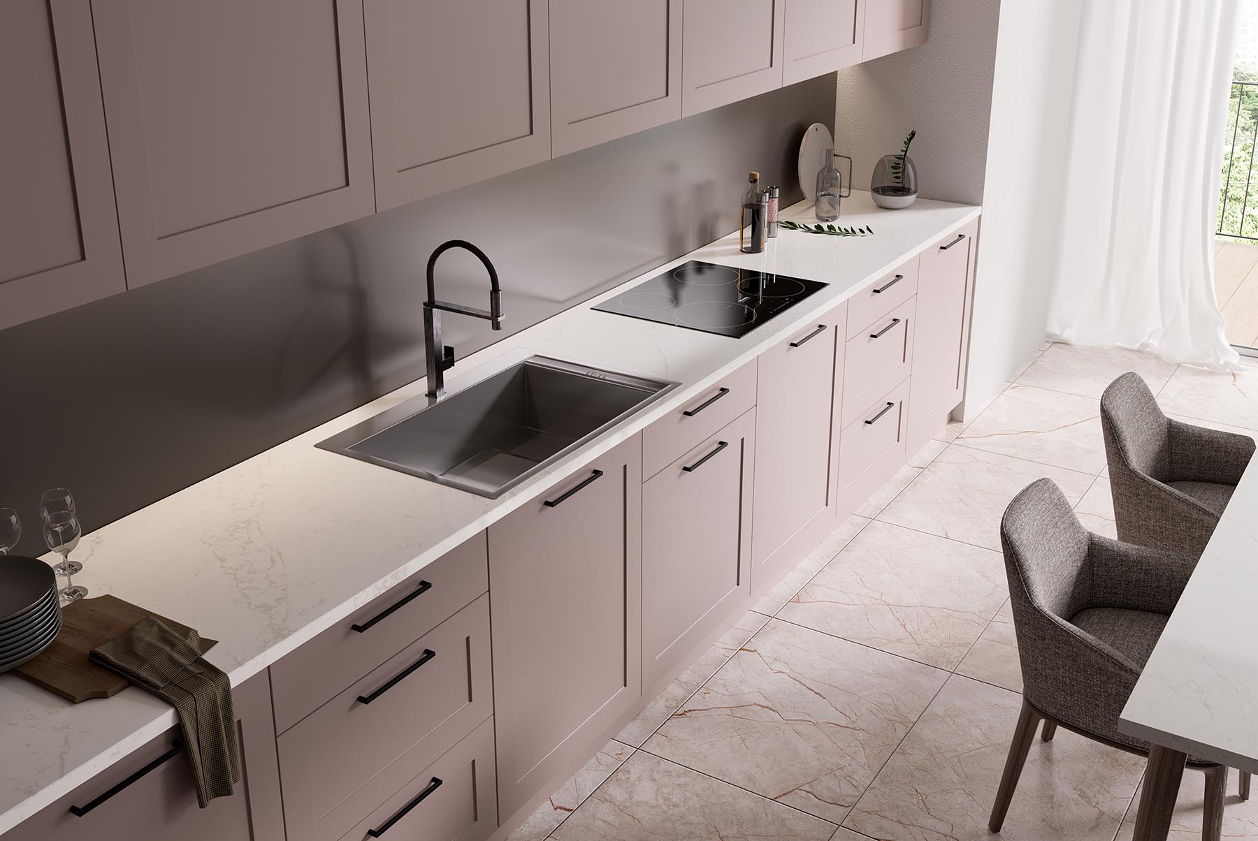 Viatara Lumina modern kitchen with sink and stove top