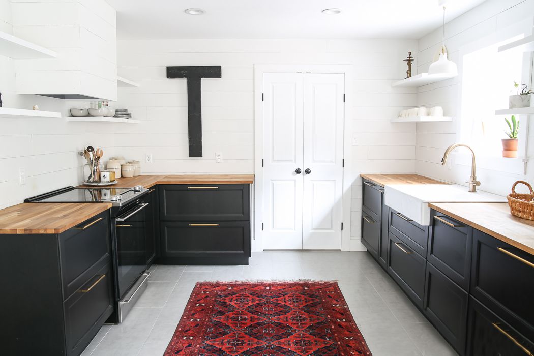 butcher block kitchen countertops on black cabinets