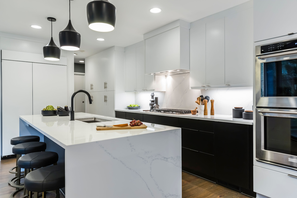 kitchen island with a waterfall edge