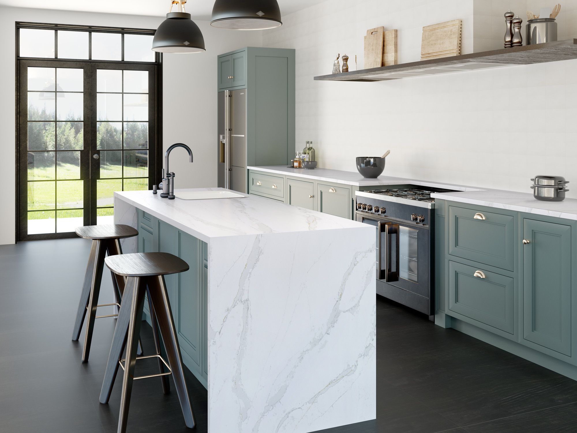 silestone bianco calacatta islandcountertop with waterfall edge and barstools