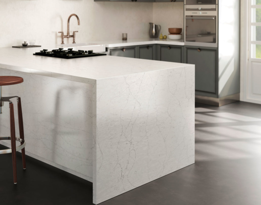 silestone statuario kitchen countertop with waterfall edge