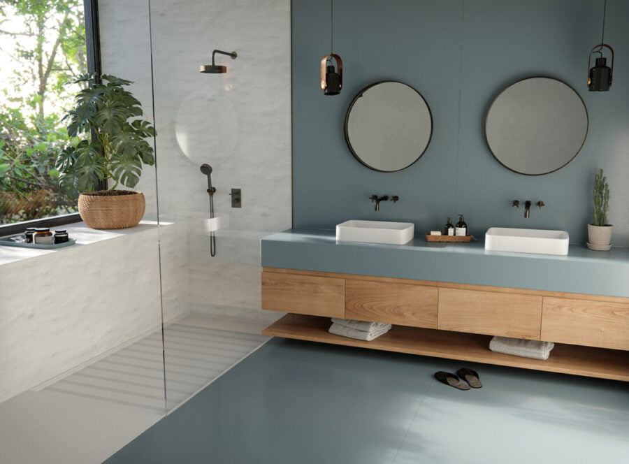 Cala Blue bathroom vanity countertop by Silestone from the Sunlit Days collection