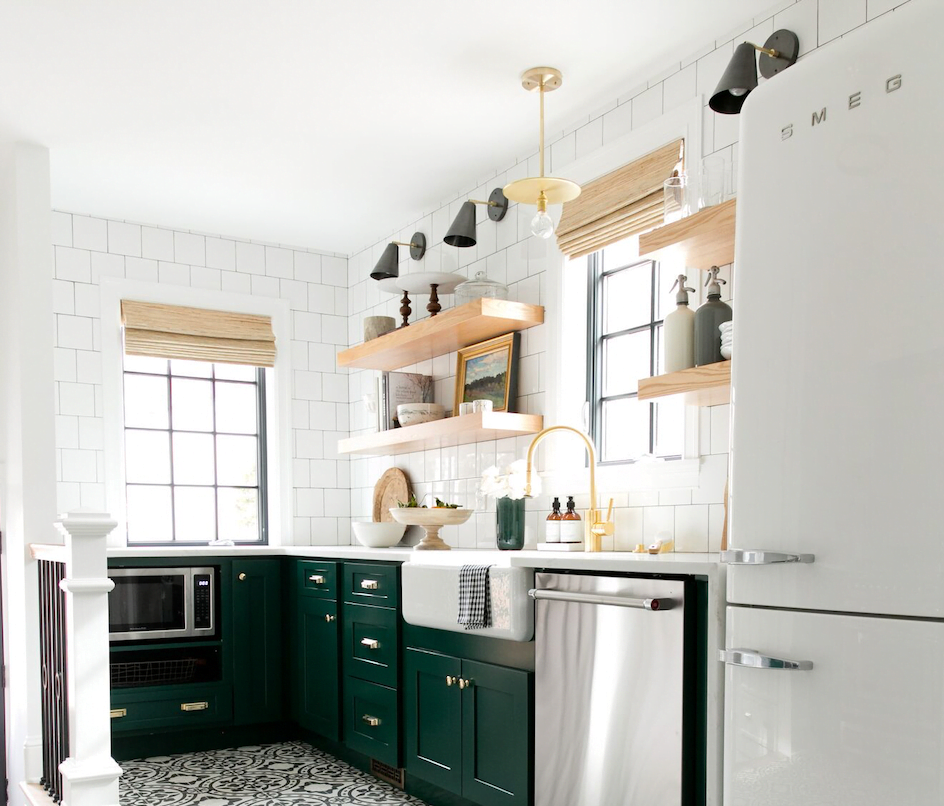 green kitchen cabinets with brick set 4x4 full height tile backsplash