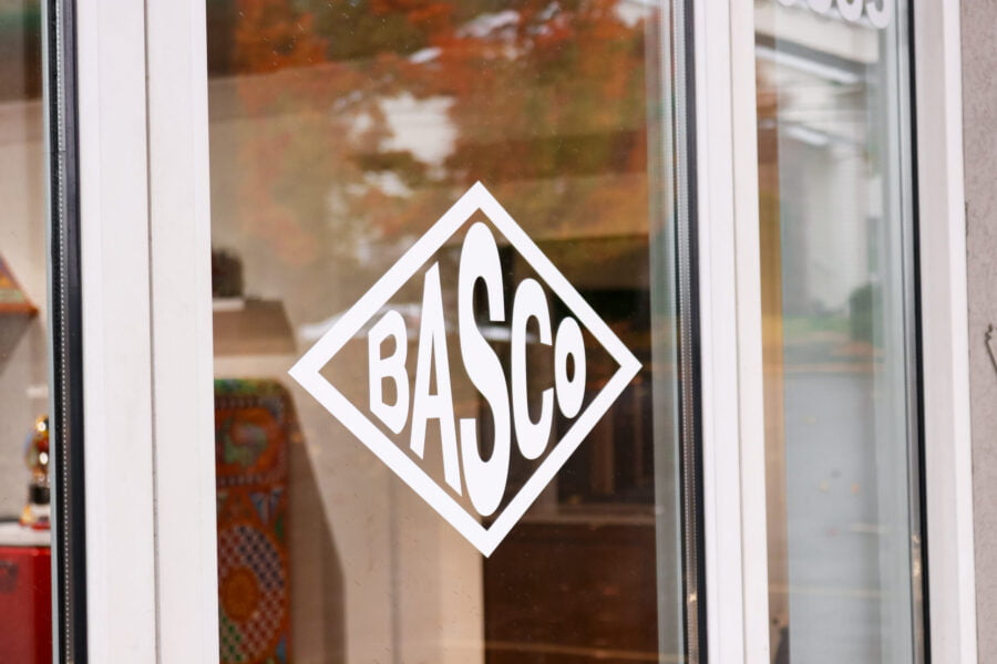 Basco logo on showroom front door