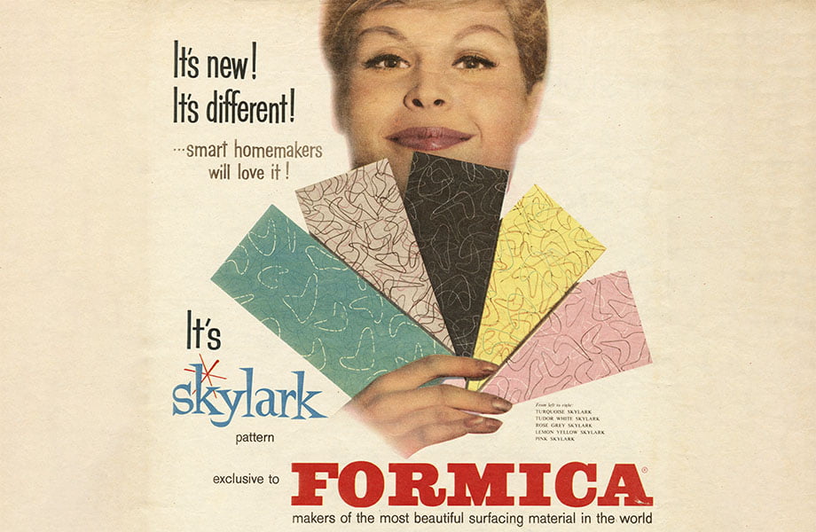 1950 Formica laminate ad with woman holding color swatches