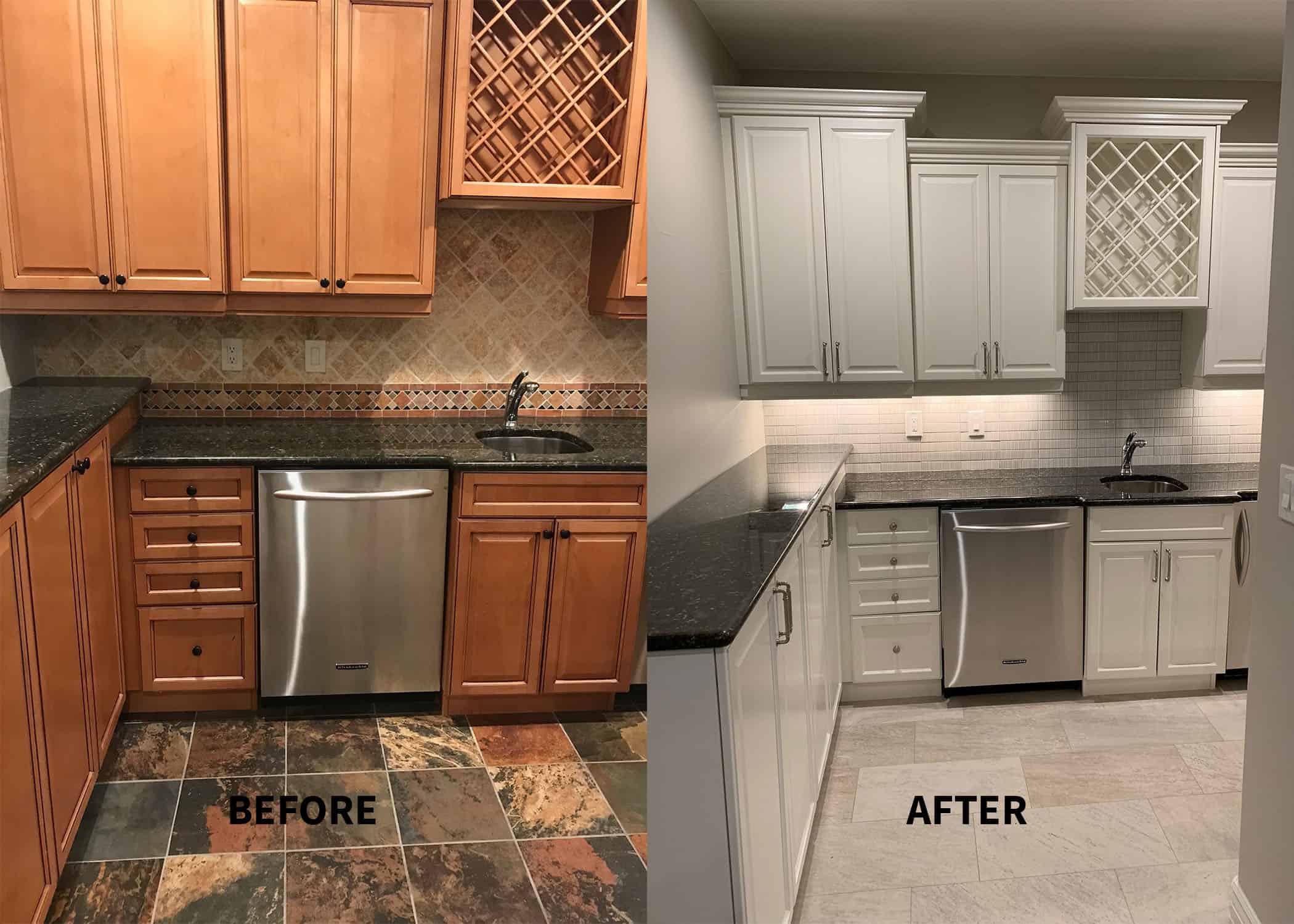 Paint kitchen cabinets compare: before light oak cabinets and after bright white