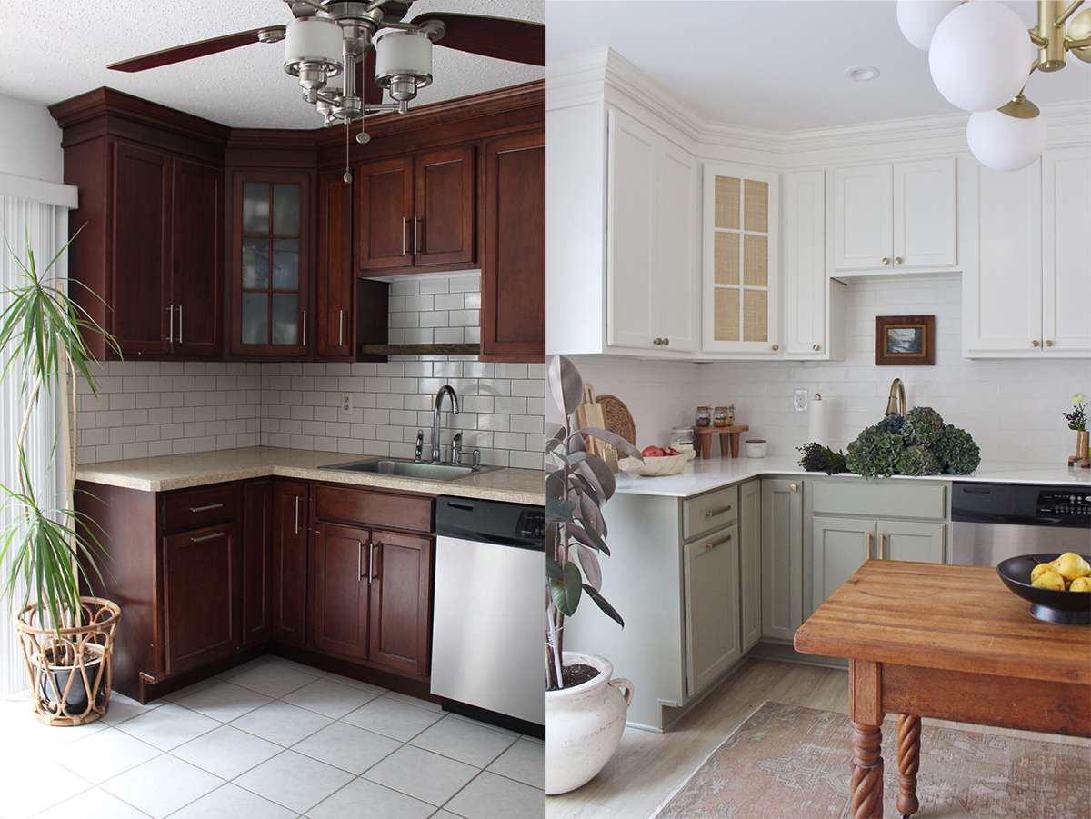 dark cherry wood cabinets before and bright white cabinets after they are painted