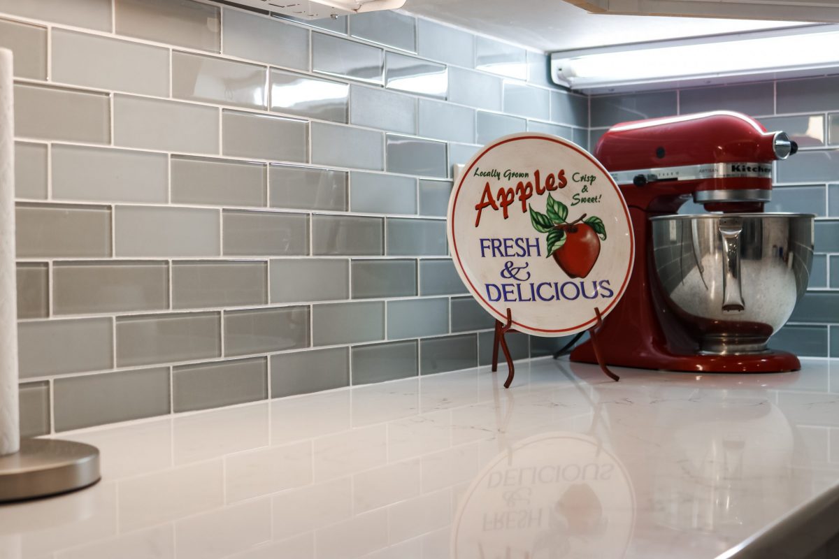 Red mixer on a countertop