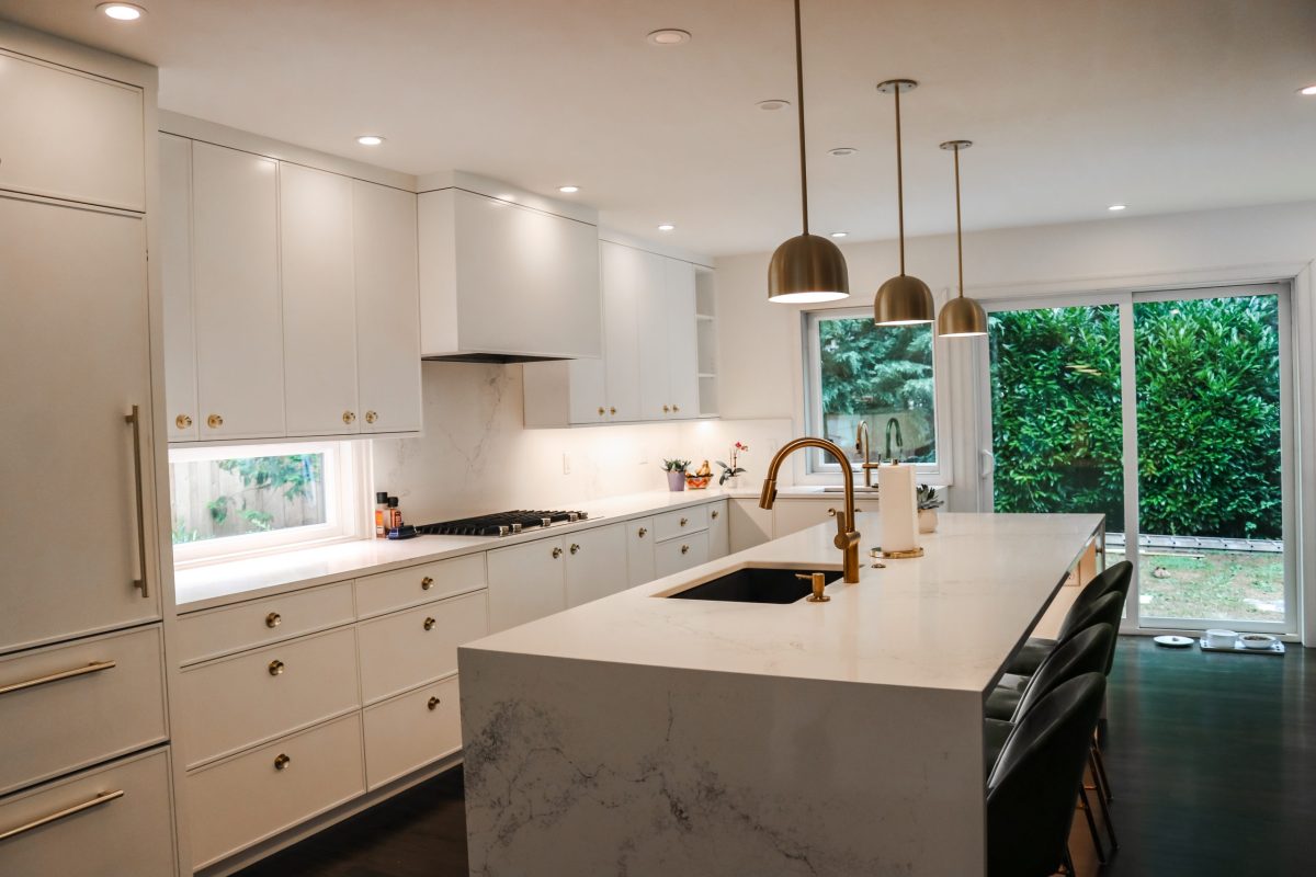 pendants hanging above quartz countertop