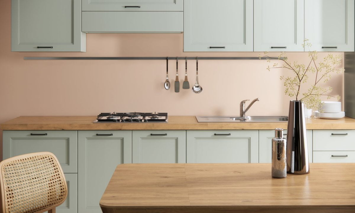 modern japandi kitchen and dining room, wooden table close-up