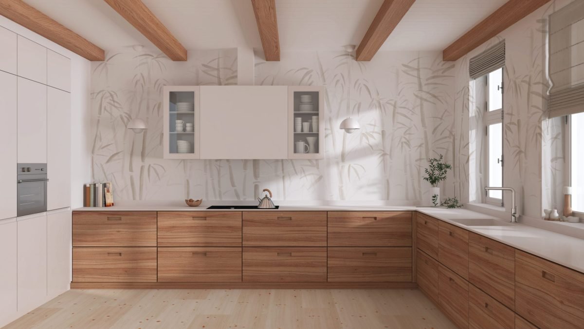 Minimalist wooden kitchen in white tones. Parquet floor, beams ceiling and bamboo wallpaper. Japandi interior design