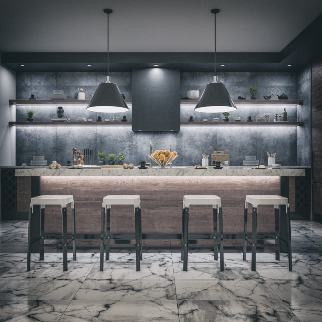 Modern luxury kitchen with large-format tiles and marble kitchen bar countertop with stools 