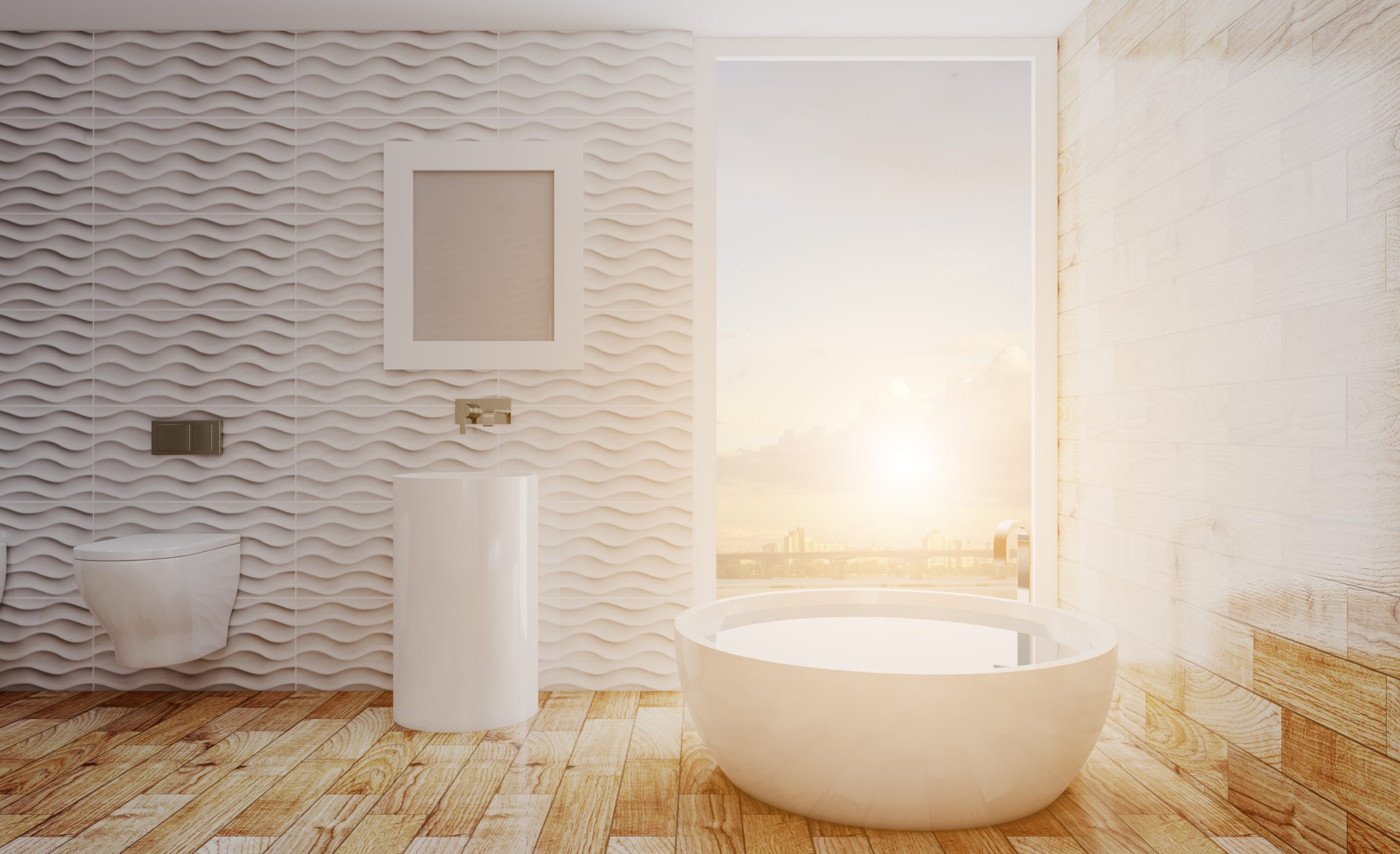 Scandinavian bathroom, classic vintage interior design with textured wall tile