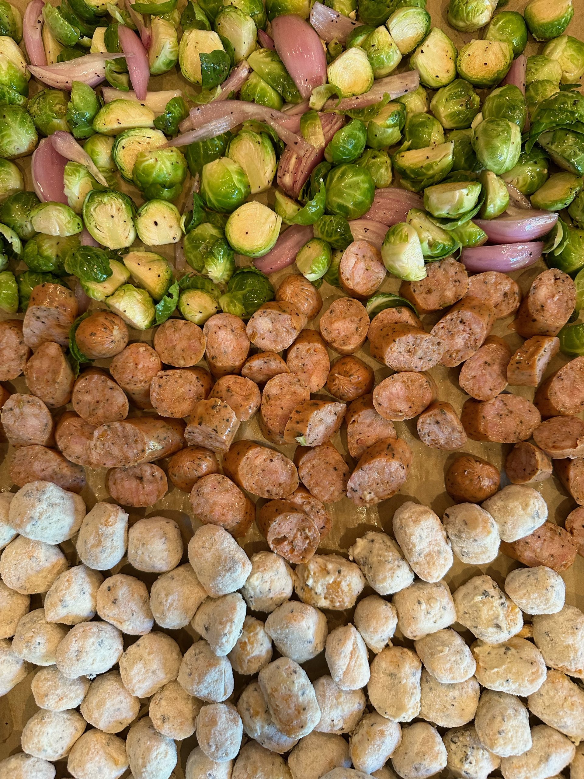 Pre-cooked chicken sausage, gnocci, Brussel sprouts and onion