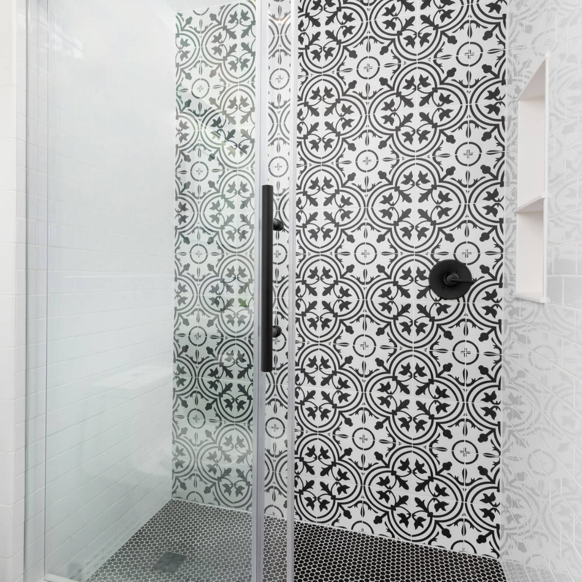 statement tile wall in shower