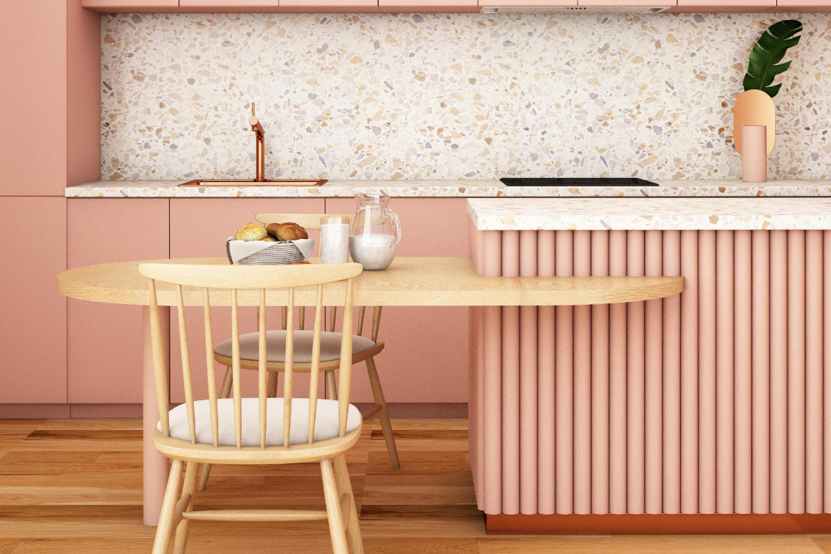 pink fluted kitchen island