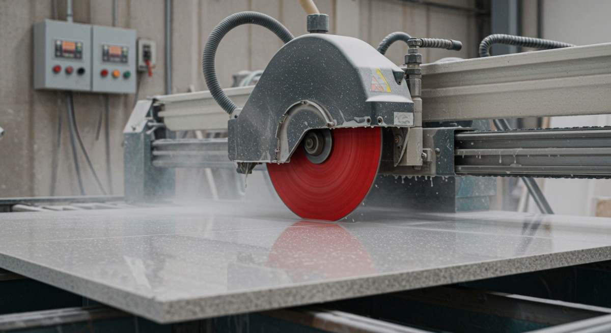 red industrial bridge saw cutting a quartz countertop slab 