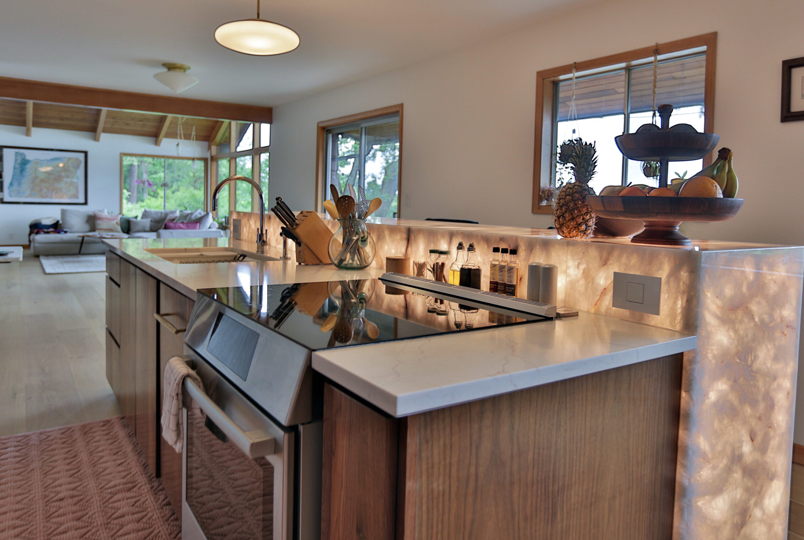 Full kitchen view featuring Cristallo Quartzite island and MSI Calacatta Miraggio Sienna quartz countertops